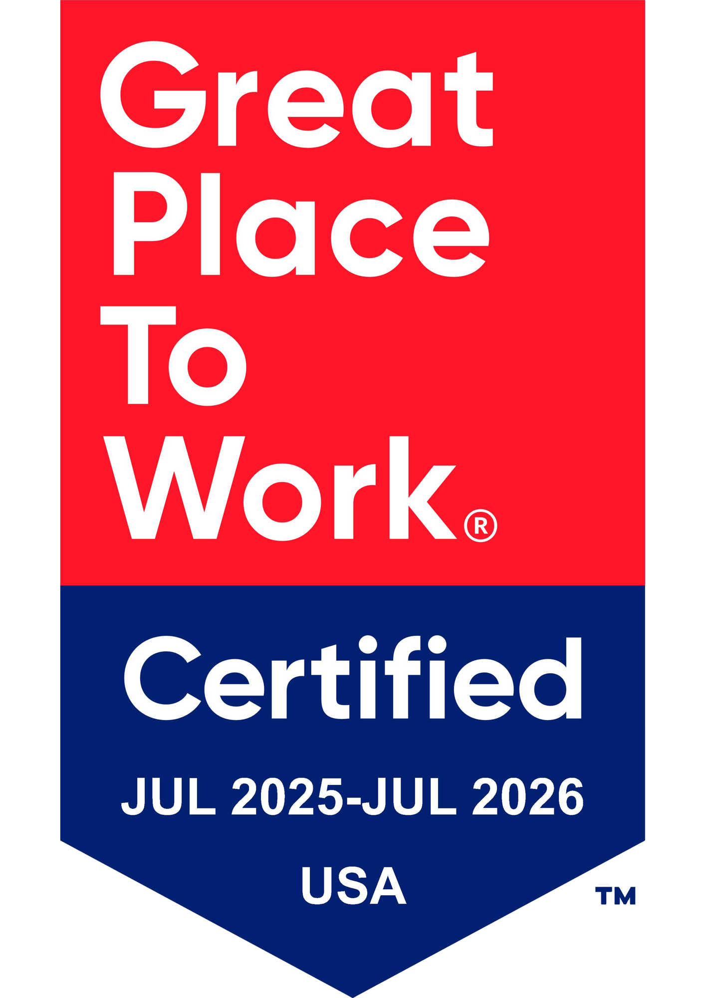 Great Places to Work Certified badge for the USA for July 2025 through July 2026