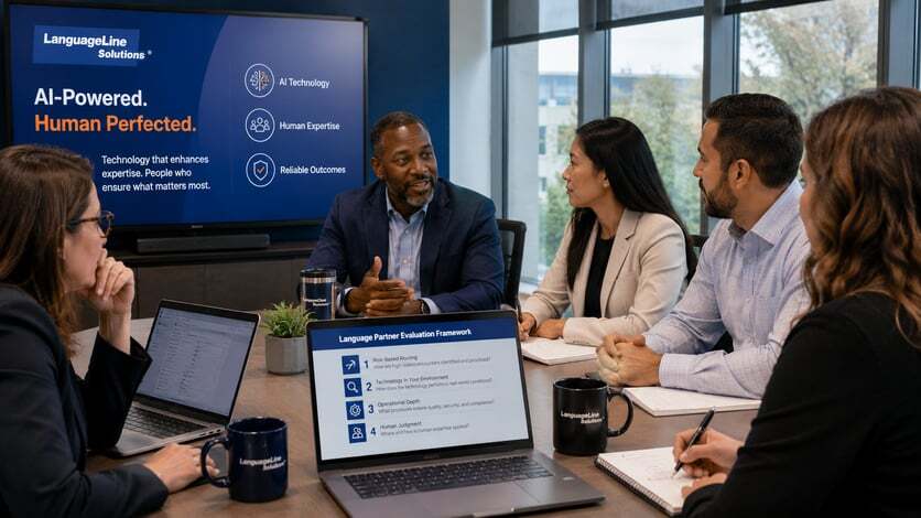 A group of people meet in an office
